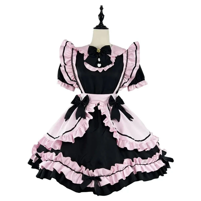 Apparel Gothic Black Pink Sweet Lolita Women's Maid Dress Bowknots - Image 5