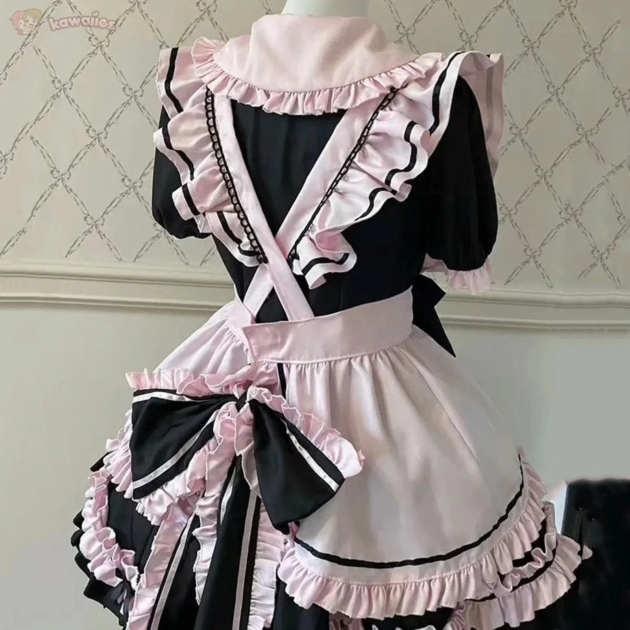 Apparel Gothic Black Pink Sweet Lolita Women's Maid Dress Bowknots - Image 13