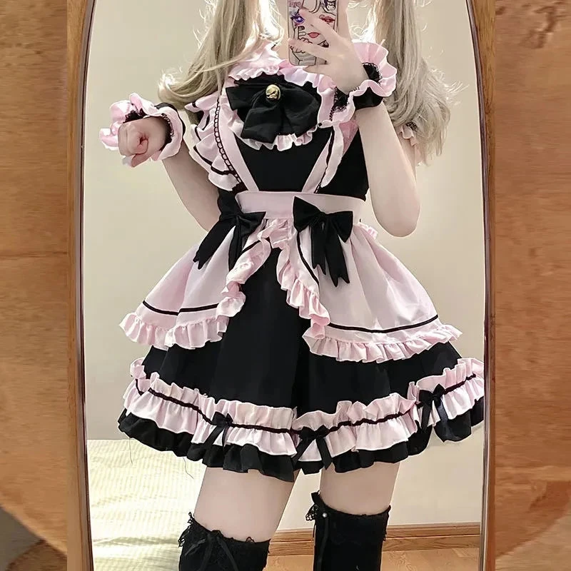 Apparel Gothic Black Pink Sweet Lolita Women's Maid Dress Bowknots - Image 3