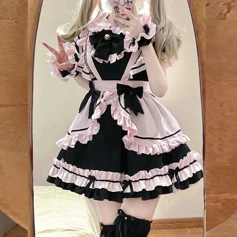 Apparel Gothic Black Pink Sweet Lolita Women's Maid Dress Bowknots