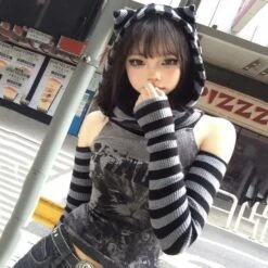 Apparel Gothic Gray Striped Cat Hooded Women's Top