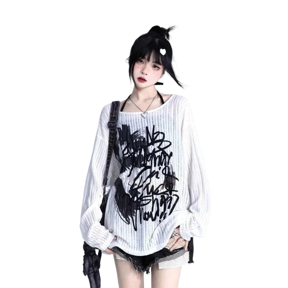 Apparel Graffiti Print Oversized Ribbed Long Sleeve Top - Image 9