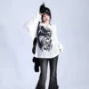 Apparel Graffiti Print Oversized Ribbed Long Sleeve Top