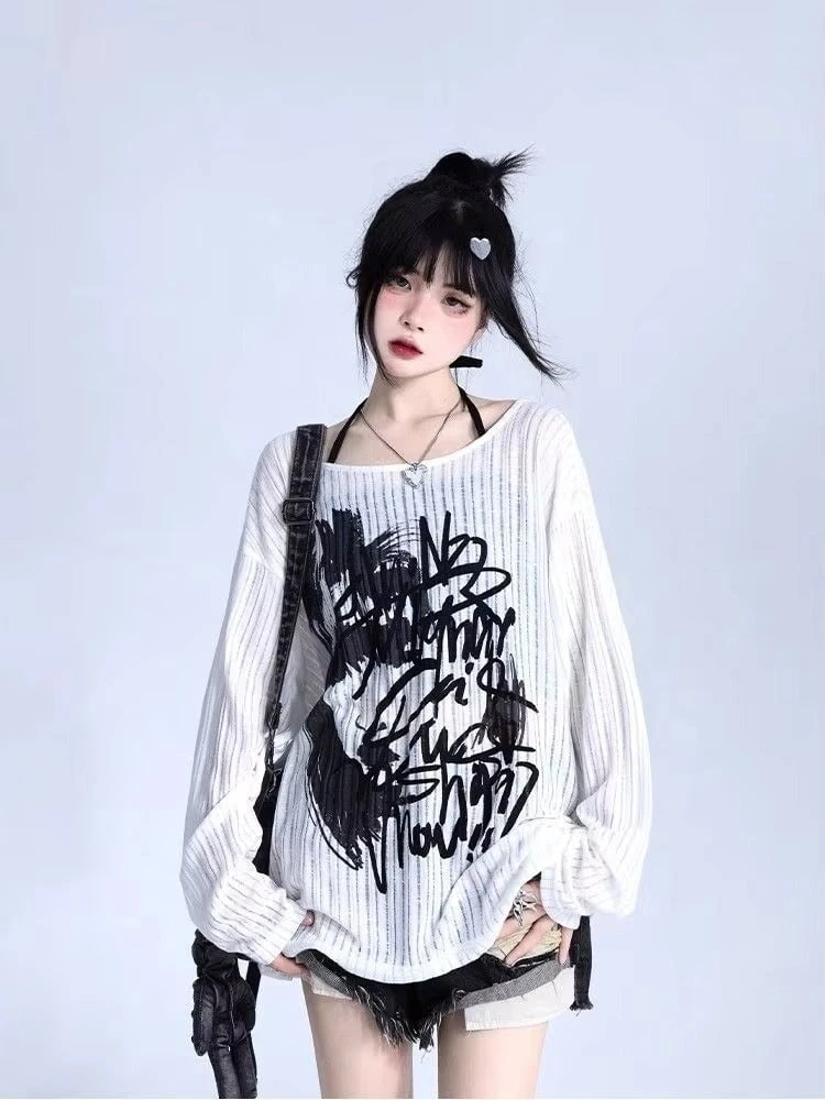 Apparel Graffiti Print Oversized Ribbed Long Sleeve Top - Image 8