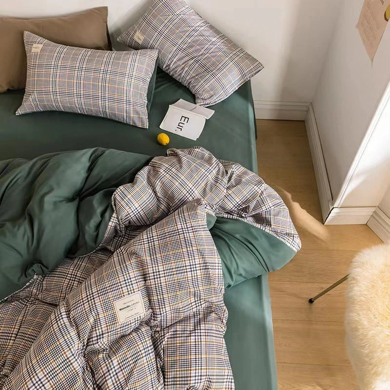 Green Two-Tone Checked Plaid Bedding Set - Image 12
