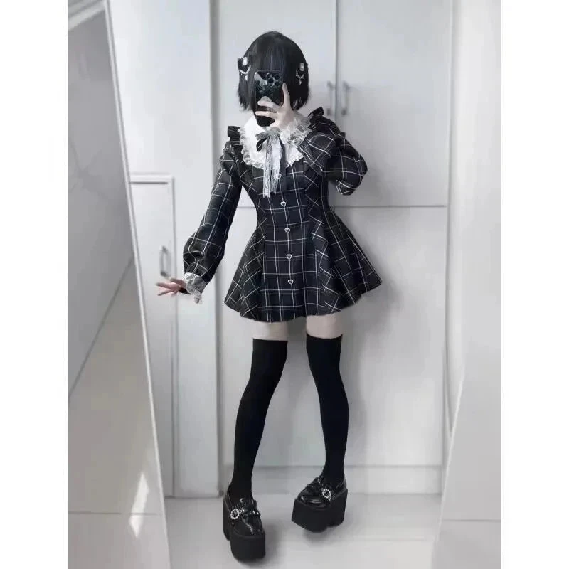Apparel Harajuku Black Plaid Hearts Laced Lolita Women's Dress - Image 5