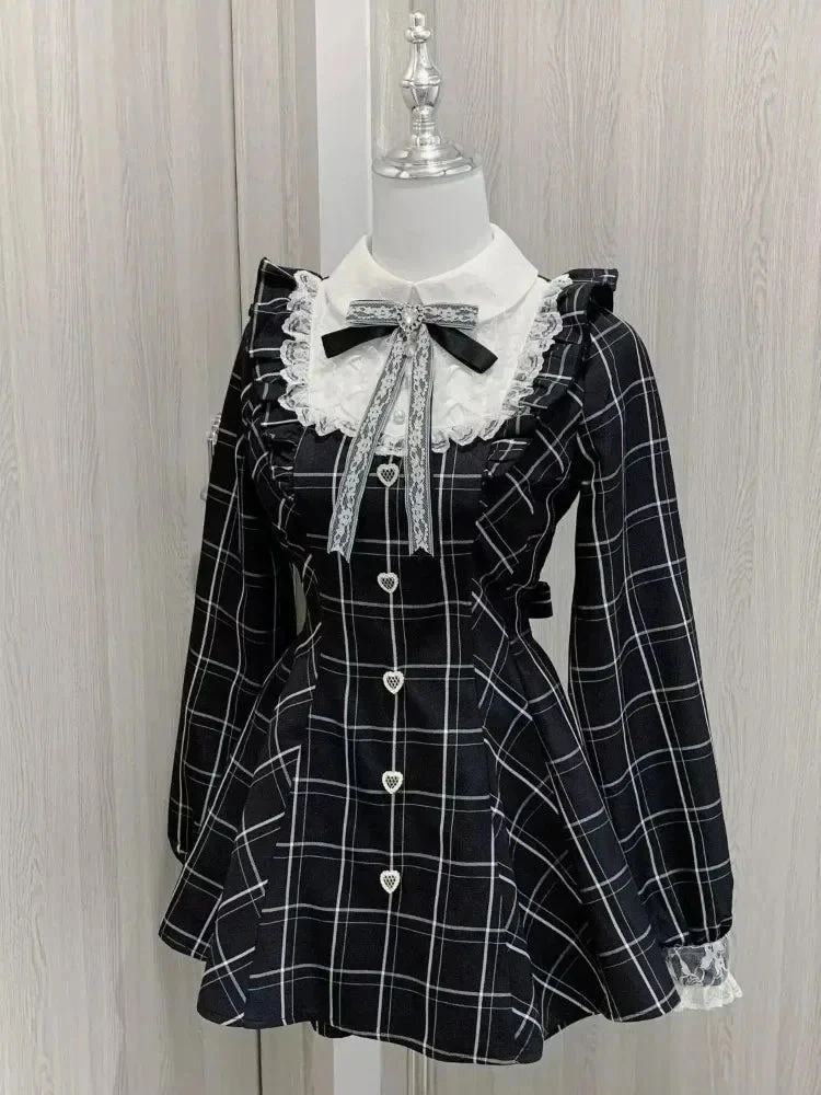Apparel Harajuku Black Plaid Hearts Laced Lolita Women's Dress - Image 7