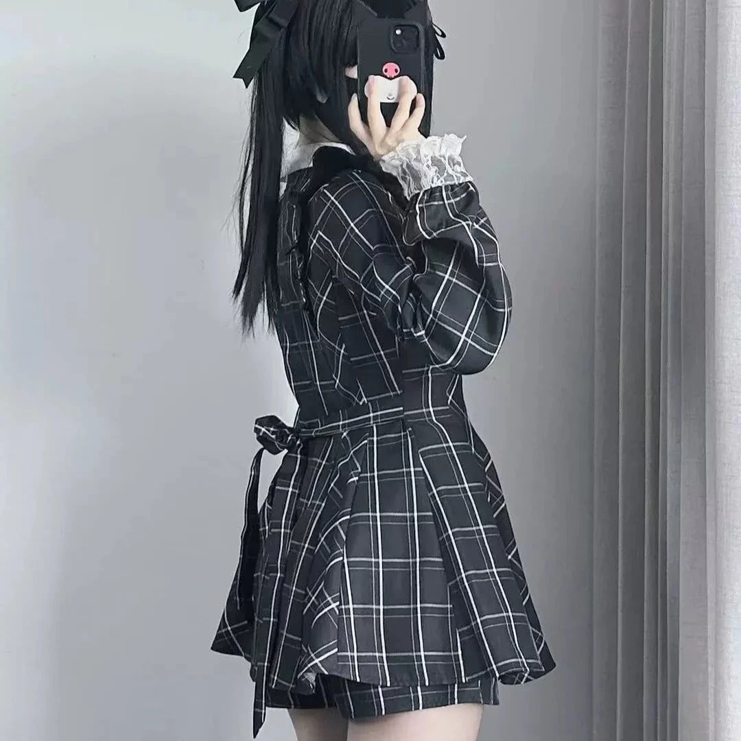 Apparel Harajuku Black Plaid Hearts Laced Lolita Women's Dress - Image 2