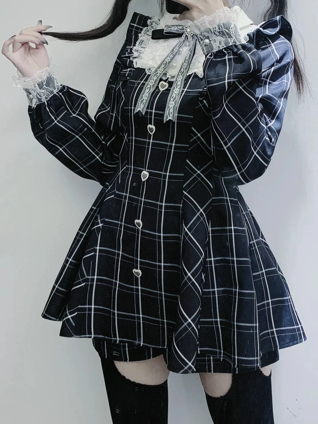 Apparel Harajuku Black Plaid Hearts Laced Lolita Women's Dress - Image 3
