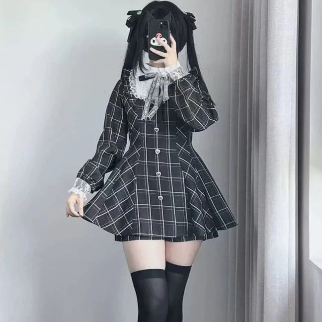 Apparel Harajuku Black Plaid Hearts Laced Lolita Women's Dress