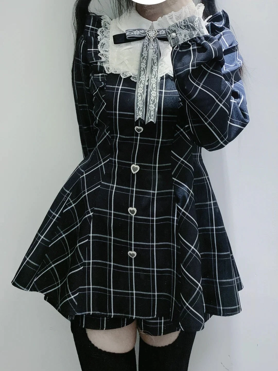 Apparel Harajuku Black Plaid Hearts Laced Lolita Women's Dress - Image 6