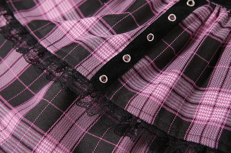 Apparel Harajuku Lolita Gothic Black Pink Laced Plaid Pleated Skirt - Image 8