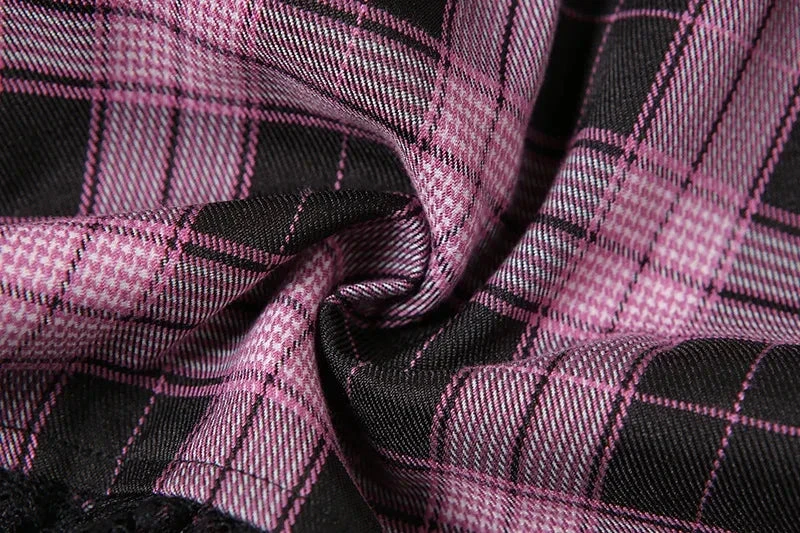 Apparel Harajuku Lolita Gothic Black Pink Laced Plaid Pleated Skirt - Image 10