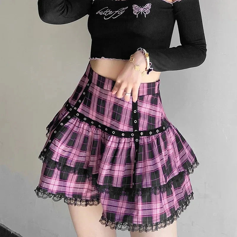 Apparel Harajuku Lolita Gothic Black Pink Laced Plaid Pleated Skirt - Image 2