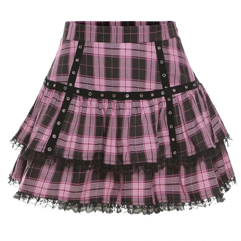 Apparel Harajuku Lolita Gothic Black Pink Laced Plaid Pleated Skirt - Image 11