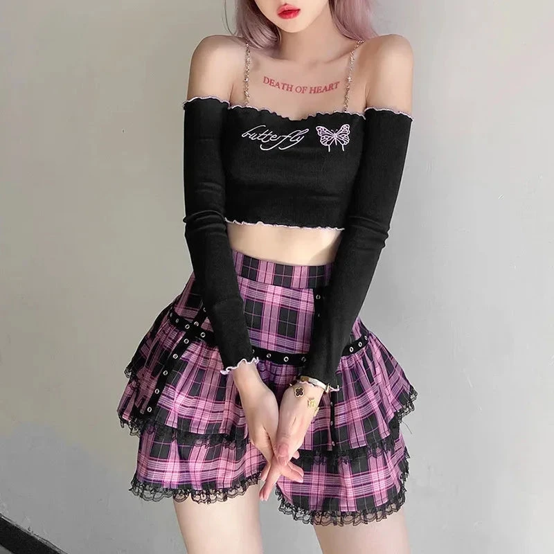 Apparel Harajuku Lolita Gothic Black Pink Laced Plaid Pleated Skirt - Image 5