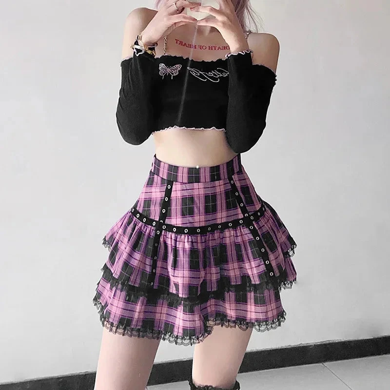 Apparel Harajuku Lolita Gothic Black Pink Laced Plaid Pleated Skirt - Image 7