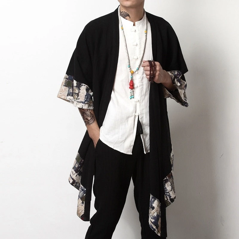 Apparel Japanese Collage Paint Black Men's Yukata Kimono Jacket - Image 2