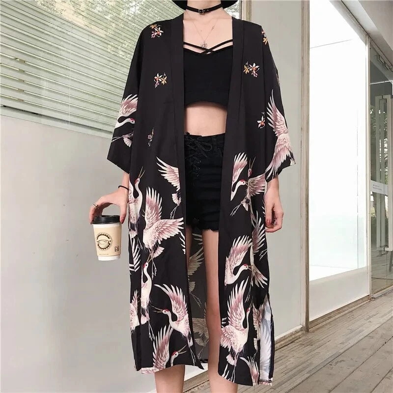 Apparel Japanese Crane Print Long Kimono - Image 10