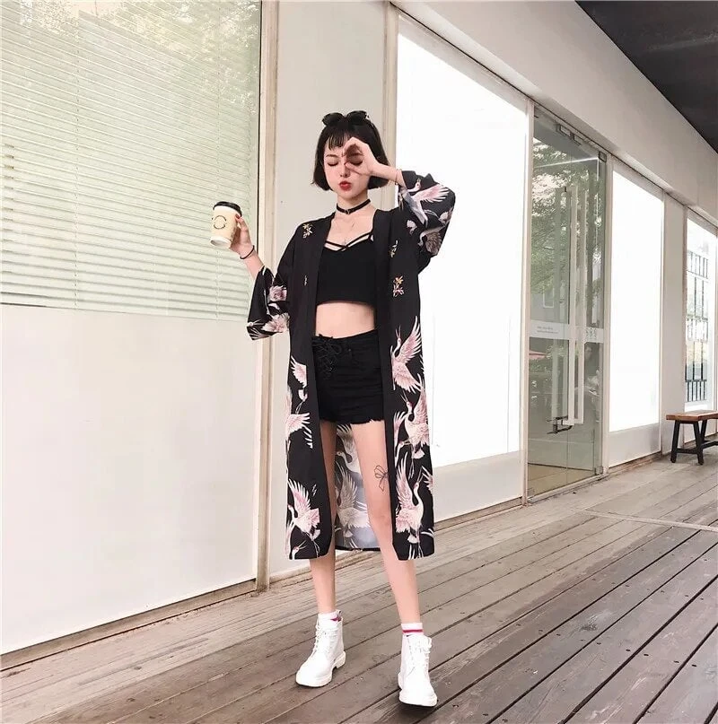 Apparel Japanese Crane Print Long Kimono - Image 7