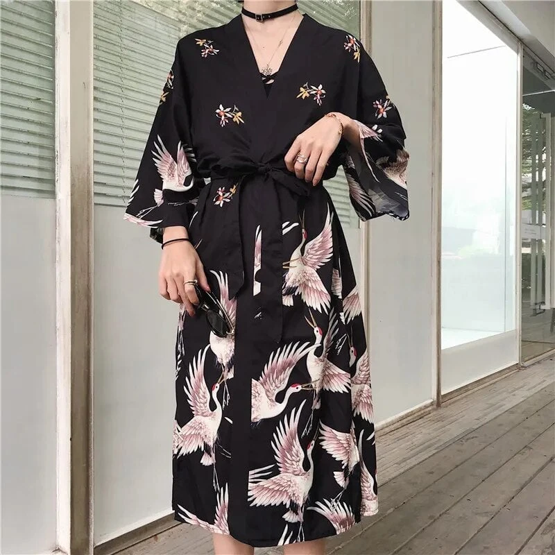Apparel Japanese Crane Print Long Kimono - Image 9
