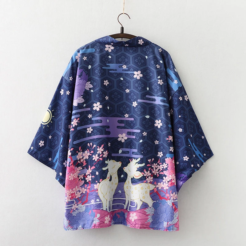 Apparel Japanese Deer Of Nara With Sakura Trees Kimono - Image 2