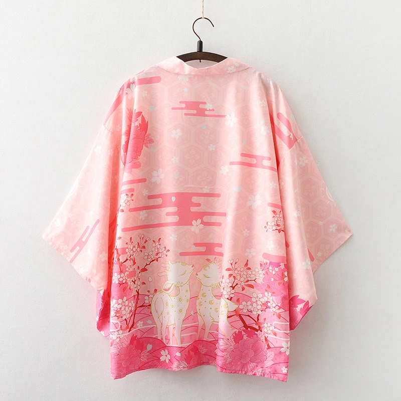 Apparel Japanese Deer Of Nara With Sakura Trees Kimono - Image 6