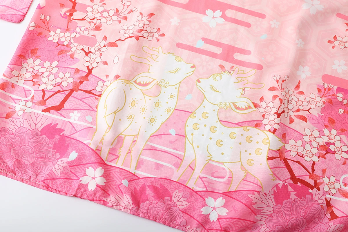 Apparel Japanese Deer Of Nara With Sakura Trees Kimono - Image 11