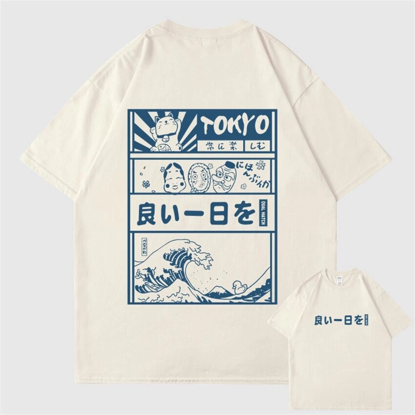 Apparel Japanese Kanji Wave Masks Lucky Cat Cotton Tee Set 2