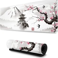 Accessories Japanese Pagoda & Cherry Blossom Tree Grayscale Long Mousepad