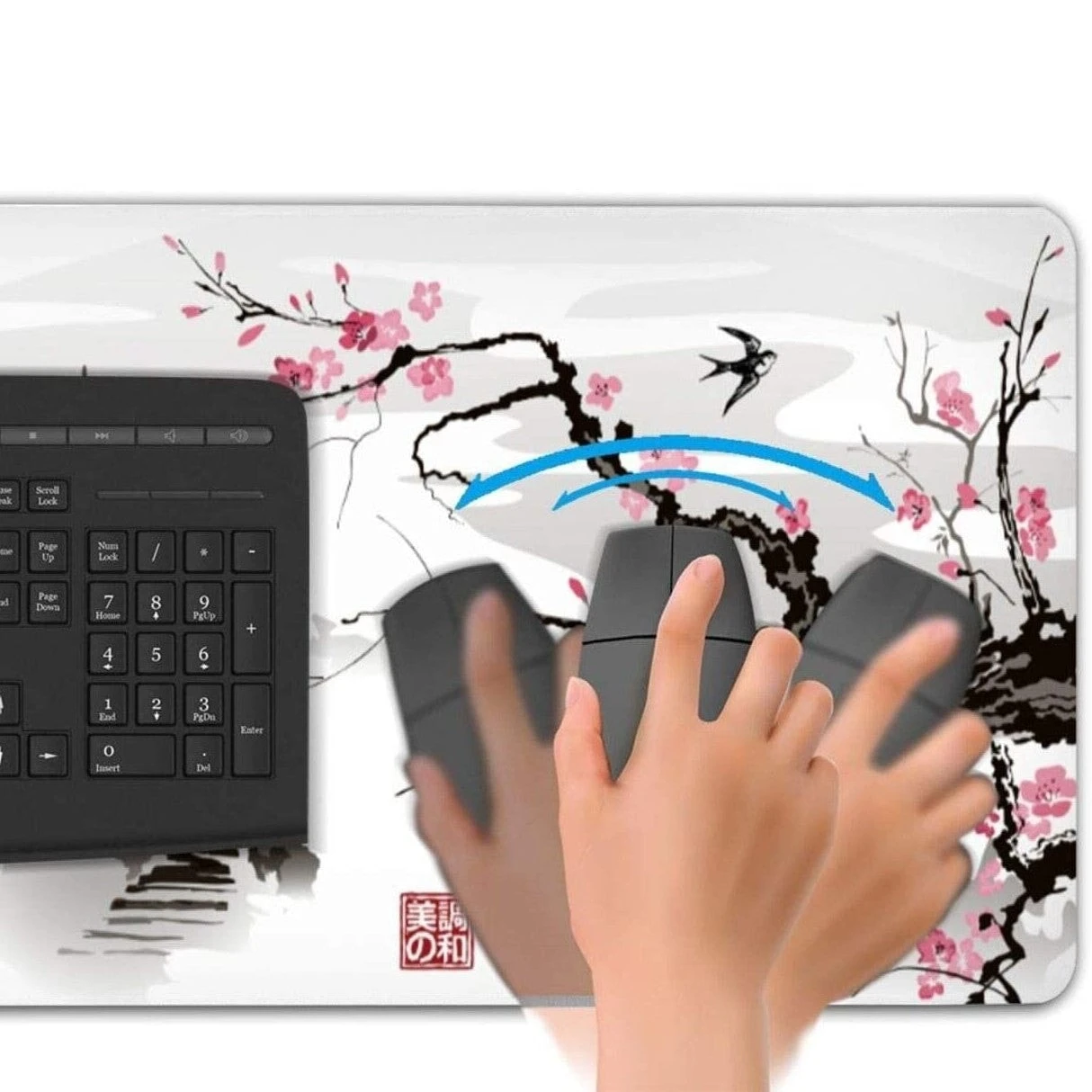 Accessories Japanese Pagoda & Cherry Blossom Tree Grayscale Long Mousepad - Image 3