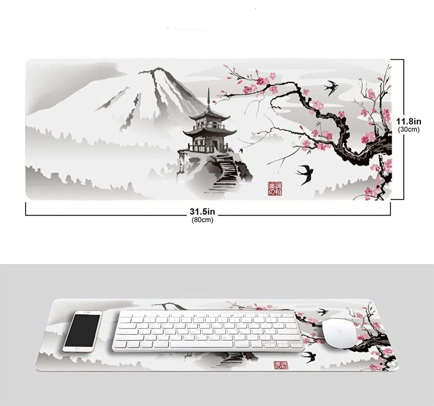 Accessories Japanese Pagoda & Cherry Blossom Tree Grayscale Long Mousepad - Image 4