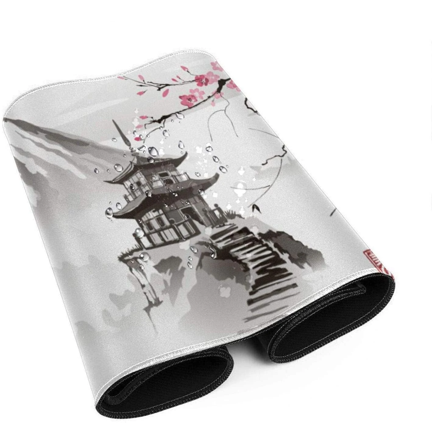 Accessories Japanese Pagoda & Cherry Blossom Tree Grayscale Long Mousepad - Image 2