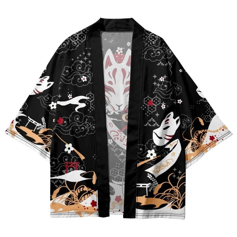 Apparel Japanese-themed Black Gold Nine Tailed Fox Unisex Kimono - Image 4