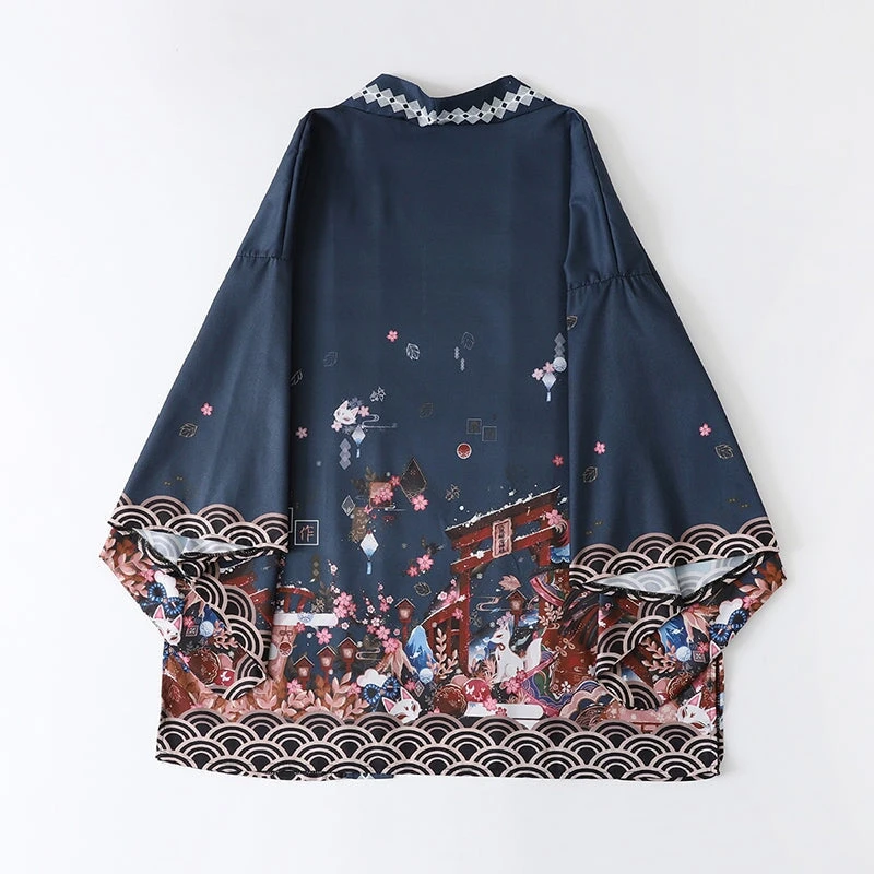 Apparel Japanese-themed Black Green Shrines Sakura Unisex Kimono - Image 7