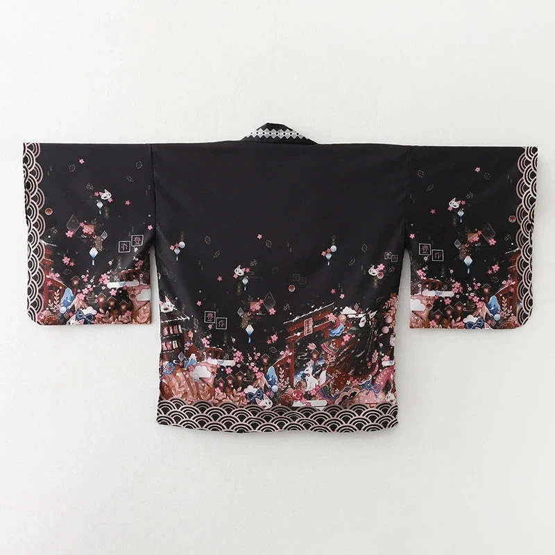 Apparel Japanese-themed Black Green Shrines Sakura Unisex Kimono - Image 18
