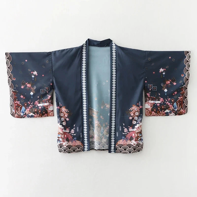 Apparel Japanese-themed Black Green Shrines Sakura Unisex Kimono - Image 15