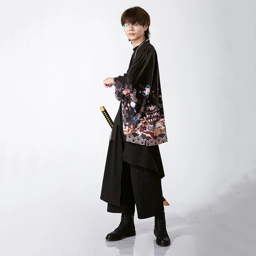 Apparel Japanese-themed Black Green Shrines Sakura Unisex Kimono - Image 2