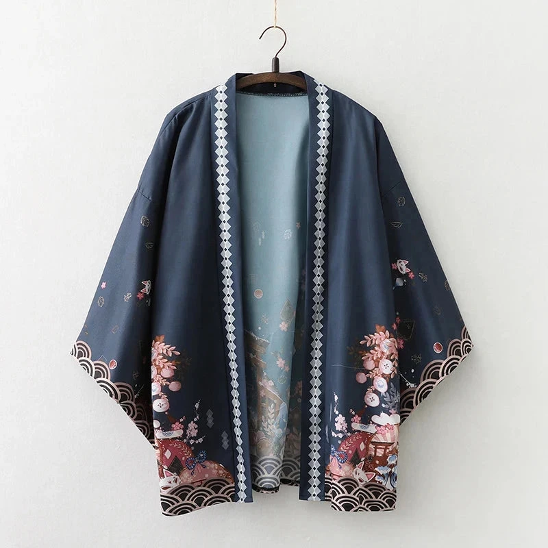 Apparel Japanese-themed Black Green Shrines Sakura Unisex Kimono - Image 14