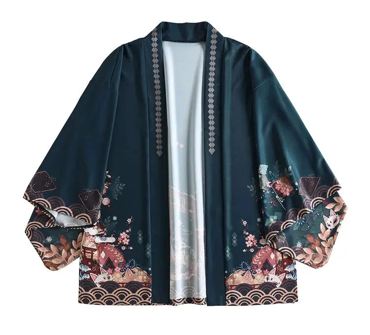 Apparel Japanese-themed Black Green Shrines Sakura Unisex Kimono - Image 6