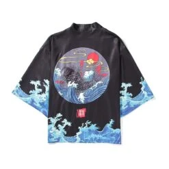 Apparel Japanese-themed Black Koi Waves Unisex Kimono
