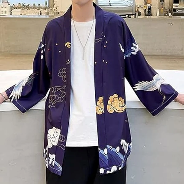 Apparel Japanese-themed Crane Cloudy Waves Unisex Purple/White Kimono - Image 11