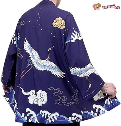 Apparel Japanese-themed Crane Cloudy Waves Unisex Purple/White Kimono - Image 10