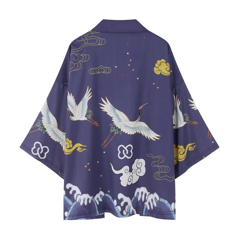 Apparel Japanese-themed Crane Cloudy Waves Unisex Purple/White Kimono
