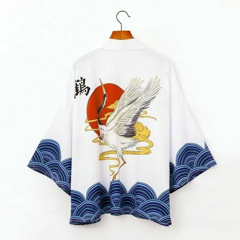 Apparel Japanese-themed Crane Cloudy Waves Unisex Purple/White Kimono - Image 3