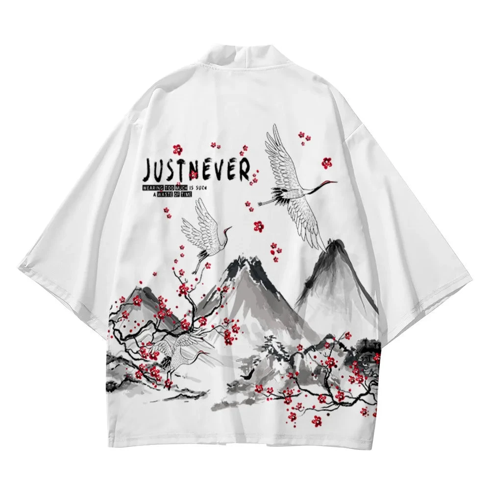 Apparel Japanese-themed Crane Mountains Two-Piece Kimono Top & Shorts Sets - Image 3