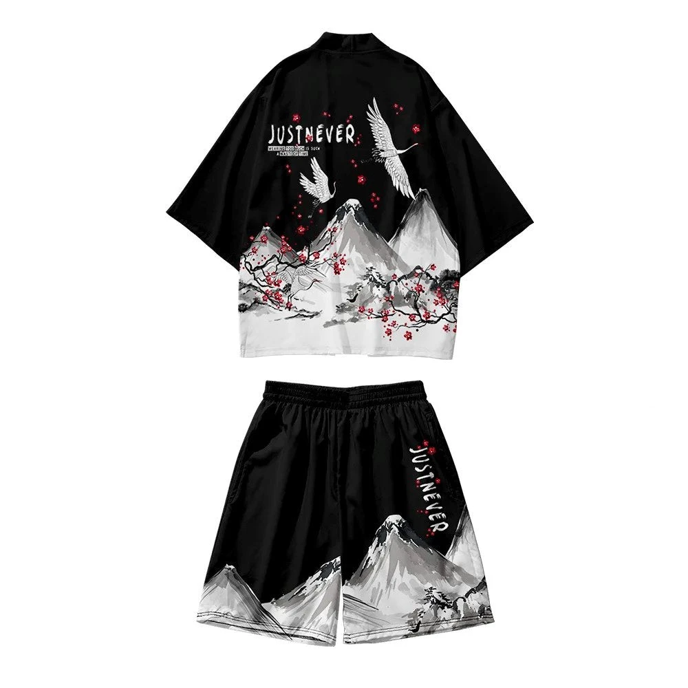 Apparel Japanese-themed Crane Mountains Two-Piece Kimono Top & Shorts Sets