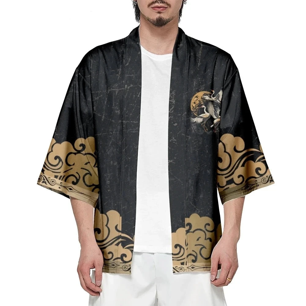 Apparel Japanese-themed Crane Print Black Gold Unisex Kimono - Image 5