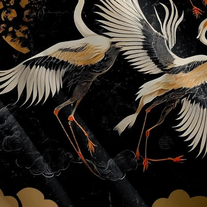 Apparel Japanese-themed Crane Print Black Gold Unisex Kimono - Image 6