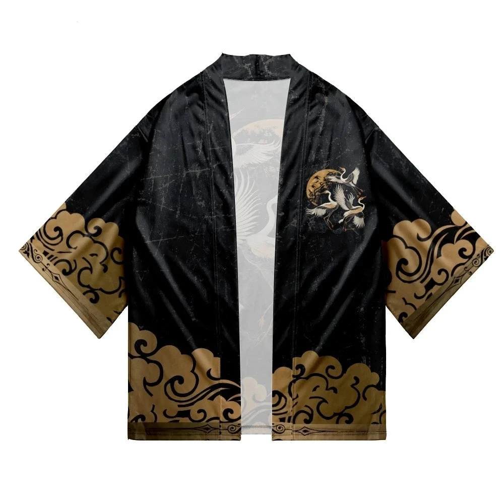 Apparel Japanese-themed Crane Print Black Gold Unisex Kimono - Image 3